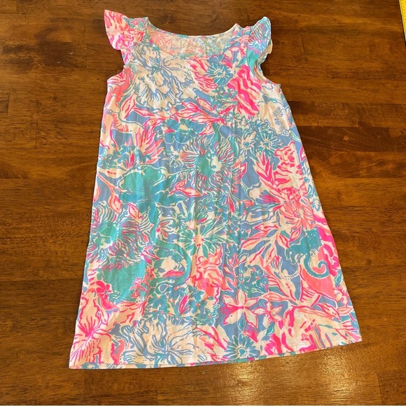 Lilly Pulitzer pink blue floral flutter sleeve tank dress size large 8-10